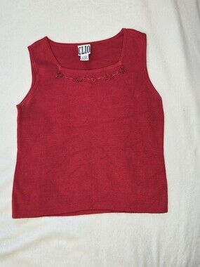 Clio Red Sleeveless Knit Tank with Floral Embroidery
